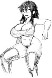 black_hair creepette_(sleeplesscreeper) crop_top general_proton large_breasts no_background sitting sketch smile thigh_highs thong