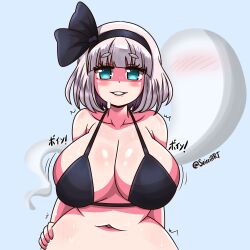 big_breasts black_ribbon blue_eyes blush bra hand_on_waist looking_at_viewer seireiart short_hair smile smiling_at_viewer sweat sweatdrop sweating touhou white_hair white_skin youmu_konpaku youmu_konpaku_(ghost)