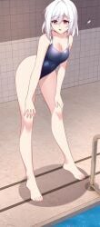 bare_legs barefoot cleavage ed-orter edit i_eat_soft_rice_in_another_world looking_away manhuas min_yuehua red_eyes rich_girl swimming_pool swimsuit turning_head white_hair wo_zai_yi_shi_chi_ruan_fan