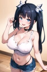 1girls ai_generated black_hair blue_eyes breasts cleavage dungeon_ni_deai_wo_motomeru_no_wa_machigatteiru_darou_ka female hestia_(danmachi) huge_breasts indoors light-skinned_female light_skin smile stable_diffusion stuffyai tank_top twintails