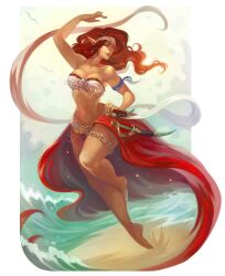 auburn_hair barefoot belly_dancer belly_dancer_outfit cleavage clover-teapot elf elf_ears harem_girl harem_outfit large_breasts long_hair original original_character pointy_ears sheathed_weapon voluptuous