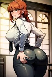 ai_generated big_ass big_butt chainsaw_man clothed devious dominant dominant_female erect_nipples fat_ass female from_behind groping_ass groping_butt groping_self makima_(chainsaw_man) nipple_bulge office_lady smirk solo