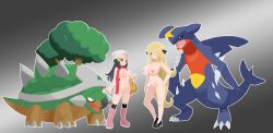 2girls absurd_res blush breasts cynthia_(pokemon) dawn_(pokemon) garchomp inkapple multiple_girls nipples pokémon_(species) pokemon pokemon_(species) pussy tagme thick_thighs torterra