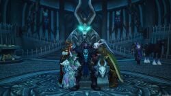 1boy 1male 3girls alexstrasza armor blue_hair cold death_knight death_knight_(warcraft) dominant dragonflight elf elf_ears female glowing_eyes ice kneeling male night_elf night_elf_death_knight pointy_ears throne tyrande_whisperwind vinesenia world_of_warcraft