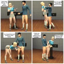 1boy 1boy1girl 1girls 2023 3d beard big_balls big_breasts big_penis black_hair blonde_hair blue_topwear bottomless clothed_female_nude_male couple curvy_female dialogue female matrixsims pillory short_hair skirt stuck testicles trick