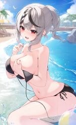 1girls absurdres bare_shoulders beach bikini black_bikini black_hair blush breasts cleavage cloud cloudy_sky collarbone commentary_request ear_piercing female grey_hair hair_ornament highres hololive hololive_japan holox large_breasts looking_at_viewer medium_hair multicolored_hair navel ocean oerba_yun_fang open_mouth outdoors piercing red_eyes red_nails sakamata_chloe short_ponytail side-tie_bikini_bottom skin_fang sky solo streaked_hair swimsuit tyabesu virtual_youtuber x_hair_ornament