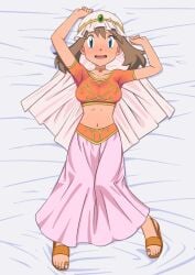 1girls armpits arms_up bed belly_dancer belly_dancer_outfit blue_eyes brown_hair contest_dress female game_freak harem_girl harem_outfit may_(pokemon) may_(pokemon)_(arabian_princess) miraa_(chikurin) nervous_smile official_alternate_costume pokemon pokemon_(anime) pokemon_rse pokemon_trainer white_body white_skin