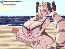 1futa alternate_costume balls beach black_swimsuit blonde_hair blush bosomancer bottomless breasts cleavage clothed clothing elise_(fire_emblem) elise_(summer)_(fire_emblem) fire_emblem fire_emblem_fates futa_only futanari gigantic_breasts huge_balls huge_breasts huge_cock human light-skinned_futanari light_skin long_hair masturbation mostly_clothed nintendo ocean official_alternate_costume one-piece_swimsuit open_mouth outdoors penis purple_eyes sand solo squatting top_heavy twintails uncensored very_long_hair white_swimsuit