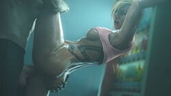 3d athletic_female blonde_hair cassie_cage female human light-skinned_male looking_at_viewer male mortal_kombat mortal_kombat_11 pale_skin partial_male partially_clothed project_vega standing_sex tagme tattoo vending_machine