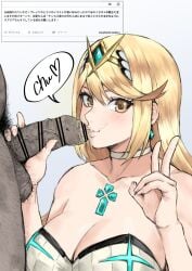 1boy 1girls 2023 balls ballsack bar_censor blonde_hair breasts censored choker circlet cleavage clothed_female_nude_male core_crystal_(xenoblade) dark-skinned_male dark_skin earrings fellatio female fingernails foreskin foreskin_folds grey_background grin hairy_balls handjob highres hokei human intact jewelry kiss kissing_penis large_breasts lips long_hair looking_at_viewer male male_pubic_hair mythra_(radiant_beach)_(xenoblade) mythra_(xenoblade) netorare no10_direct one-piece_swimsuit oral oral_sex parted_lips partial_male partially_retracted_foreskin peace_sign penis phimosis scrotum semi-erect smegma smegma_in_mouth smile straight strapless strapless_swimsuit stray_pubic_hair swept_bangs swimsuit teeth testicles translation_request uncut v v_sign veins veiny_penis white_choker white_one-piece_swimsuit xenoblade_chronicles_(series) xenoblade_chronicles_2 yellow_eyes