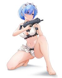 barefoot bikini blue_eyes blue_hair breasts cleavage closed_mouth commission feet female gibun_(sozoshu) gun h&k_mp7 hair_ornament handgun highres holding holding_gun holding_weapon kneeling legs machine_pistol maid maid_bikini maid_headdress medium_breasts navel personal_defense_weapon pistol pixiv_commission re:zero_kara_hajimeru_isekai_seikatsu rem_(re:zero) revision simple_background solo submachine_gun swimsuit toenails toes unconventional_maid weapon white_background white_bikini x_hair_ornament