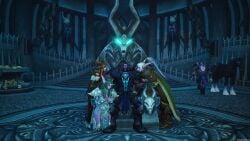 1boy 1male 3girls alexstrasza cold death_knight death_knight_(warcraft) dominant dragonflight elf elf_ears female glowing_eyes ice kneeling male night_elf night_elf_death_knight pointy_ears throne tyrande_whisperwind vinesenia wine wine_glass world_of_warcraft