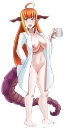 2023 ahoge animal_humanoid bathrobe bathrobe_only big_breasts breasts clothing container cup cute_fangs dragon dragon_horn dragon_humanoid dragon_tail female genitals hair hand_in_pocket hi_res highlights_(coloring) holding_container holding_cup holding_object holoforce hololive hololive_japan horn horned_humanoid humanoid humanoid_pointy_ears inkrait kiryu_coco looking_at_viewer navel nipples not_furry nude open_mouth orange_hair pockets pussy red_eyes robe solo virtual_youtuber vtuber yawn