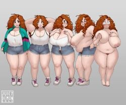 bbw big_breasts breasts busty chubby chubby_female curvy embarrassed female female_only ginger hi_res huge_breasts juicydemon large_breasts original original_character overweight pubic_hair rachel_(juicydemon) solo stripping undressing