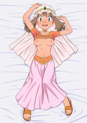 armpits arms_up bed belly_dancer belly_dancer_outfit blue_eyes brown_hair contest_dress game_freak harem_girl harem_outfit may_(pokemon) may_(pokemon)_(arabian_princess) miraa_(chikurin) nervous pokemon shirt_up white_body white_skin