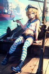 1boy 1femboy ai_generated blonde_hair blue_boots blue_eyes boots cargo_ship cloud enjuuji evil_grin evil_smile femboy ferdinando_agnello kiseru laced_boots light-skinned_femboy light-skinned_male looking_at_viewer malicious_smile navel ocean pale-skinned_femboy pale-skinned_male sailor_hat sailor_outfit sailor_uniform sea ship short_shorts shorts smiling_at_viewer smoke smoking smoking_pipe stockings striped_legwear white_clouds wooden_floor