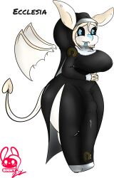 2022 absurd_res anthro big_breasts biped black_clothing black_sclera blue_body blue_eyes blue_fur blue_nose blue_tongue breasts bulge clothing demon fur genital_outline gynomorph hi_res intersex nun nun_outfit penis_outline solo spade_tail succubusbnny tail thick_thighs tongue white_body white_clothing white_ears white_fur white_tail white_wings wide_hips wings