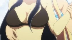 2012 animated bikini black_bikini black_bra black_hair blonde_hair blue_bikini blue_bra breasts canonical_scene gif green_eyes groping_breasts groping_from_behind hair_ribbon holding_arm ikaruga_(senran_kagura) katsuragi_(senran_kagura) licking long_hair marvelous moaning official_art senran_kagura swimsuit tongue yuri