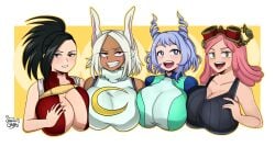 big_breasts blue_eyes blue_hair boku_no_hero_academia brown_skin bunny_ears bust busty cleavage grope groping_breast groping_self group huge_breasts large_breasts mei_hatsume miruko momo_yaoyorozu multiple_girls my_hero_academia nejire_hado pink_hair pressing_breasts_together red_eyes sakkaku_gavrii short_hair smiling white_hair yellow_eyes