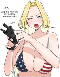 1girls america_(ohasi) american_flag_bikini bikini blonde_hair blue_eyes blush breasts cleavage collarbone english_text female female_only flag_print gun handgun large_breasts long_hair looking_at_viewer ohasi open_mouth original solo swimsuit weapon