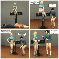 1boy 1boy1girl 1girls 2023 3d beard big_balls big_breasts big_penis black_hair blonde_hair blue_topwear bottomless clothed_female_nude_male couple curvy_female dialogue female matrixsims pillory short_hair skirt stuck testicles trick