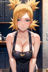 1girls ae8ty6 ai_generated almost_naked apron apron_only barely_clothed big_breasts blonde_hair blush boruto:_naruto_next_generations cleavage front_view functionally_nude huge_breasts indoors kitchen long_hair looking_at_viewer mature mature_female milf nai_diffusion naked_apron naruto naruto_(series) no_bra no_panties pinup ponytail quad_tails smile stable_diffusion teal_eyes temari tied_hair upper_body watermark wife