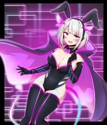 big_breasts bunny_ears bunny_girl bunnysuit cape cyberpunk demon_horns demon_tail indie_virtual_youtuber motherv3 tights virtual_youtuber vtuber white_hair yonedatomizu