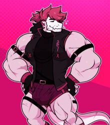 1boy abs armband armbands belt boxer bulge bulging_breasts gloves legband legbands muscle original_character pink_background pink_eyes pink_hair solo solo_male wink zaflep