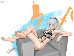 1girls acindyce_(artist) barefoot kaine_(nier)_(cosplay) lingerie medium_breasts nier:_automata painted_nails painted_toenails reclining_pose relaxing short_hair sitting_on_chair yorha_2b