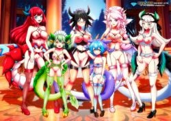 6+girls 6girls bbmbbf black_hair black_tail blue_eyes blue_hair blush blushing breasts chamber_dragonmaid cute diamond_level dragon dragon_girl dragon_horns dragon_tail dragonmaid_series_(yu-gi-oh!) female female_focus female_only fluffy fluffy_tail glasses gold_eyes green_hair green_tail hand_on_breast height_difference high_heels highleg horn horns house_dragonmaid kitchen_dragonmaid large_breasts laundry_dragonmaid lingerie long_hair looking_at_viewer maid maid_lingerie multicolored_hair multiple_females multiple_girls nipple_piercing nipples nurse_dragonmaid open_mouth palcomix parlor_dragonmaid pietro's_secret_club pietros_secret_club pink_hair pink_tail purple_eyes purple_tail pussy_lips red_hair red_tail tail thick_thighs thighhighs thighs white_hair yu-gi-oh!