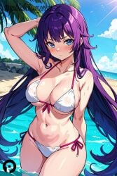 1girls ai_generated arm_behind_head arm_up armpits bakemonogatari bare_shoulders beach bikini blue_eyes blue_sky blush breasts cleavage closed_mouth cloud coast collarbone cowboy_shot day female front-tie_bikini_top front-tie_top halterneck in_water large_breasts long_hair looking_at_viewer monogatari_(series) navel ocean outdoors palm_tree pikkiwynn purple_hair senjougahara_hitagi side-tie_bikini_bottom sky slight_blush solo stomach string_bikini swimsuit thighs tree very_long_hair wading water wet white_bikini