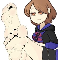 1girls brown_hair clothed divilethion feet feet_together feet_up foot_focus lynn_(divilethion) medium_breasts orange_eyes priest robe rule_63 smirk thick_eyelashes