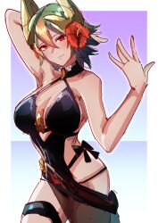 1girls alternate_costume armpits bikini black_bikini black_swimsuit breasts cleavage dark-skinned_female dark_skin female female_only fire_emblem fire_emblem_heroes green_hair horns laegjarn_(fire_emblem) laegjarn_(summer)_(fire_emblem) large_breasts looking_at_viewer nintendo official_alternate_costume red_eyes sarong see-through short_hair smile solo swimsuit to_(tototo_tk) veil