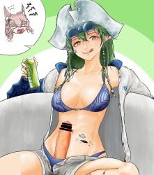 1futa absurdres angry arknights balls bar_censor big_breasts big_penis breasts censored clothed clothing erection futa_only futanari gavial_(arknights) green_hair hair_between_eyes highres human light-skinned_futanari light_skin long_hair looking_at_viewer mostly_nude penis pozyomka_(arknights) shangguanzhuhanyi sitting solo wolf_girl yellow_eyes