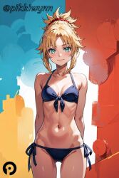 ai_generated arms_behind_back ass_visible_through_thighs bangs bare_shoulders bikini blonde_hair blue_bikini blush braid breasts closed_mouth collarbone fate/grand_order fate_(series) female front-tie_top green_eyes hair_ornament hair_scrunchie looking_at_viewer mordred_(fate) navel parted_bangs pikkiwynn ponytail red_scrunchie scrunchie side-tie_bikini_bottom sidelocks small_breasts smile solo swimsuit