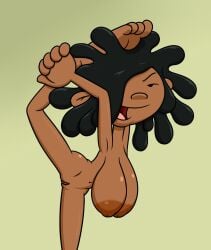 areolae big_breasts black_hair breasts cartoon_network codename:_kids_next_door cree_lincoln dark-skinned_female dark_skin female female_only flexible hair_over_one_eye inverted_nipples leg_over_head looking_back nude nude_female pussy takeshi1000 warner_bros warner_brothers