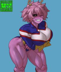 1girls all_might_(cosplay) arms_crossed big_breasts female female_only large_breasts looking_at_viewer mina_ashido my_hero_academia pink_body pink_hair pink_skin short_hair shosho_oekaki solo solo_female thick_thighs thighs wide_hips yellow_eyes