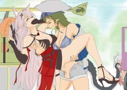 1futa 3girls absurdres animal_ears arknights balls bar_censor being_watched big_breasts big_penis breasts censored clothed clothing duo_focus elbow_gloves erection female futa_with_female futanari gavial_(arknights) gloves green_hair hair_between_eyes highres human humanoid humanoid_penis kemonomimi light-skinned_futanari light_skin long_hair mostly_nude myrtle_(arknights) penis pointy_ears pozyomka_(arknights) shangguanzhuhanyi standing tomimi_(arknights) vaginal_penetration white_hair wolf_girl yellow_eyes