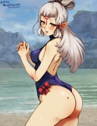 1girls ass beach big_ass birthmark breasts breath_of_the_wild brown_eyes looking_at_viewer minacream nintendo nipple_bulge one-piece_swimsuit paya_(the_legend_of_zelda) perky_breasts pointy_ears sideboob solo swimsuit tears_of_the_kingdom the_legend_of_zelda thong white_hair