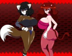 2girls anthro bare_shoulders black_hair booty_shorts brown_hair carol_(bbpanzu) carol_the_fox cat_ears cat_girl cat_tail choker cleavage collarbone encore_carol_(bbpanzu) encore_girlfriend_(friday_night_funkin) female female_only fnf_mods fox_ears fox_girl fox_tail friday_night_funkin friday_night_funkin_mod girlfriend_(friday_night_funkin) gloves huge_ass huge_breasts long_hair mobian_(species) multiple_girls pantyhose short_hair short_shorts shoulder_length_hair socks sonic.exe_(series) thick_thighs xml_xrossover(artist)