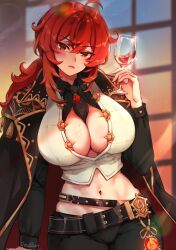 1girls beauty_mark beauty_mark_on_breasts breasts cleavage diluc_(genshin_impact) female female_only foxy_rain_(foxyreine) foxyrain_(foxyreine) foxyreine genderswap genshin_impact large_breasts mole mole_on_breast noble noblewoman rule_63 solo wine wine_glass