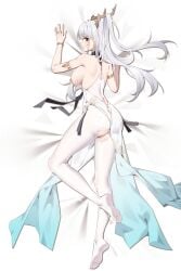 1girls absurdres azur_lane bare_back bracelet breasts dakimakura_(medium) dragon_girl dragon_horns dress feet female hair_on_horn highres horns jewelry light-skinned_female light_skin long_hair looking_at_viewer looking_back nipples no_bra pantyhose red_eyes ring sakura_empire_(azur_lane) shimanto_(azur_lane) sideboob skirt soles torn_clothes torn_pantyhose white_dress white_hair white_pantyhose white_skirt wsfw