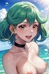 ai_generated beach beach_background blush breasts green_hair naked nude nudity open_mouth orange_eyes rin_(yu-gi-oh!_arc-v) sephiaton955 smile yu-gi-oh! yu-gi-oh!_arc-v