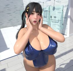 1girls 3d big_breasts black_hair breasts breasts busty cleavage curvaceous curvy curvy_body curvy_female curvy_figure female huge_breasts large_breasts original original_character queltza swimsuit twintails voluptuous