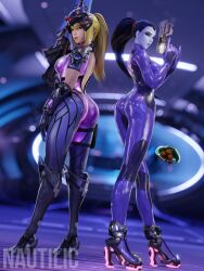 2girls 3d ass blizzard_entertainment blonde_female blonde_hair breasts costume_swap costume_switch gun metroid nautilic nintendo overwatch purple_skin samus_aran tight_clothing widowmaker zero_suit