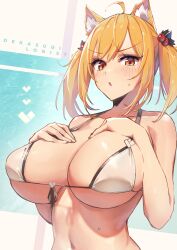 1girls :o animal_ear_fluff animal_ears arknights bare_shoulders belly belly_button big_breasts bikini bikini_top blonde_hair blush busty cleavage collarbone curvaceous curvy embarrassed enormous_breasts erect_nipples extra_ears female female_only giant_breasts gigantic_breasts hair_ribbon hands_on_own_chest hips huge_breasts hyper_breasts large_breasts light-skinned_female light_skin looking_at_viewer looking_down massive_ass midriff navel nitro_(mugityaoisii) orange_eyes ribbon seductive seductive_look shiny_breasts shiny_skin shy sideboob sidelocks solo solo_female sora_(arknights) stomach tied_hair tight_clothing twintails two_side_up underboob upper_body voluptuous waist wasp_waist wide_hips