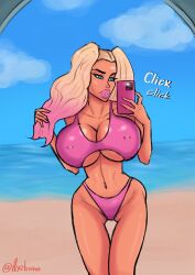 2023 axitrone beach big_ass big_breasts big_butt big_lips bikini bimbo bimbo_body bimbo_lips bimbo_prostitute bimbofication bimbofied blonde_hair comic pink_body pink_hair selfie summer