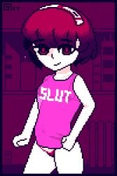 1girls android animated bouncing_breasts dorothy_haze female_only hairband headband micro_bikini octotron2000 pale-skinned_female pale_skin petite pixel_art red_hair robot shirt shirt_lift small_breasts solo solo_female thong va-11_hall-a young