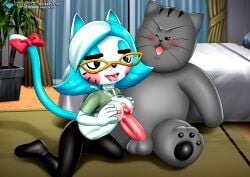 1boy 1girls bbmbbf beast_friends black_leggings black_shoes cat_ears cat_girl cat_tail ddang_ddang diamond_level feline green_shirt grey_fur jjaltoon karen_(smg4) nude open_mouth paizuri palcomix pietro's_secret_club pietros_secret_club smg4 smile tail tail_bow tail_ornament tail_ribbon white_fur