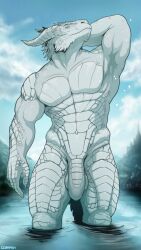 9:16 abs anthro balls biceps big_penis claws corrsk detailed_background digital_media_(artwork) dragon dragonborn_(dnd) dungeons_and_dragons flaccid foreskin genitals hasbro hi_res horn humanoid_genitalia humanoid_penis lake looking_at_viewer male muscular muscular_anthro muscular_male nude outside pecs penis scales sky smile solo uncut water wizards_of_the_coast